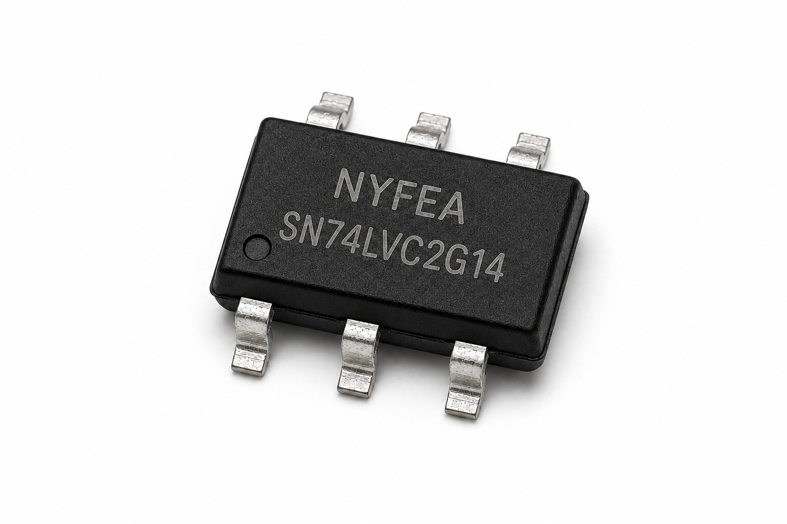 Photorealistic SN74LVC2G14 six-pin product appearance with NYFEA full-model marking