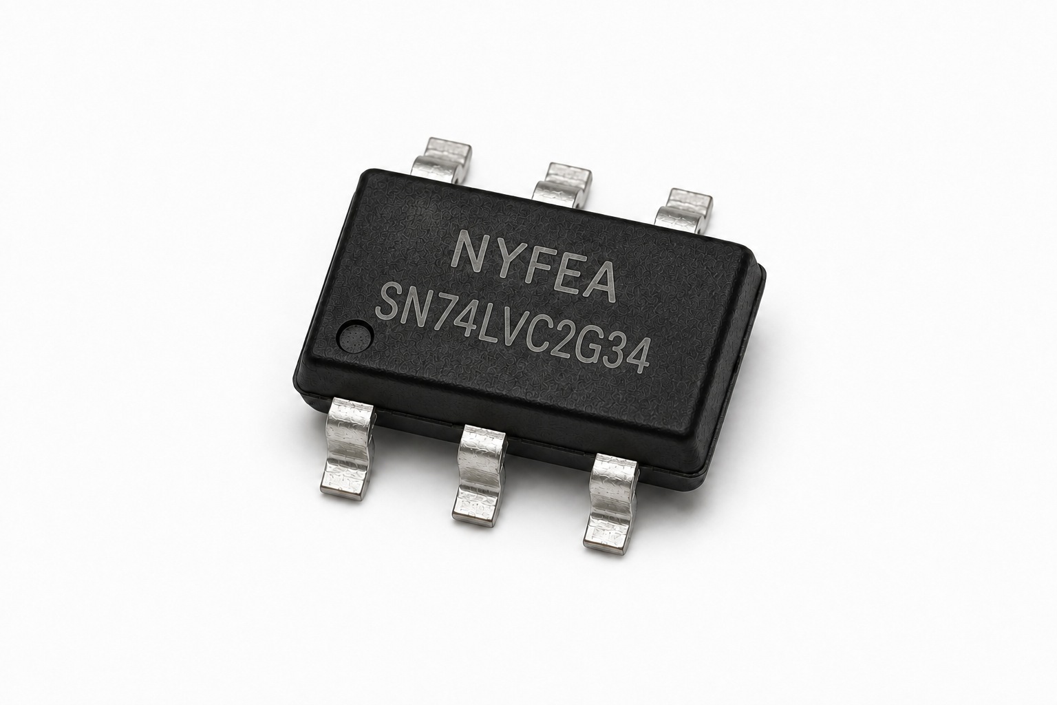 Photorealistic SN74LVC2G34 six-pin product appearance with NYFEA full-model marking