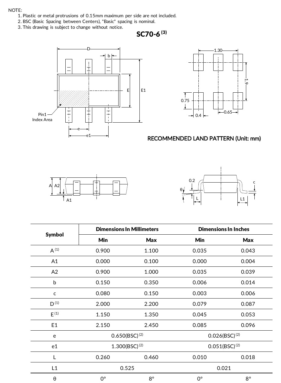 SN74LVC2G34 SC70-6 package outline and land pattern