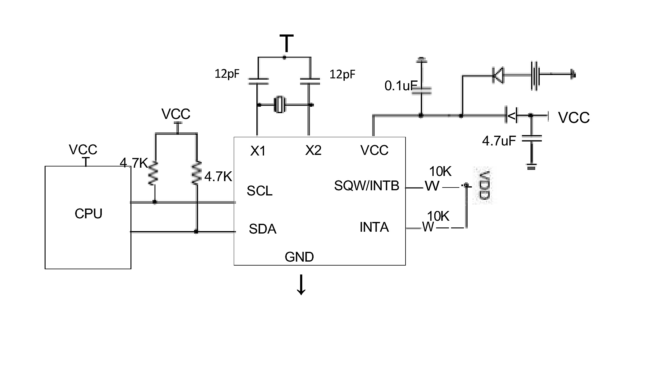 Complete FRTC1337S typical application circuit with CPU, I2C pull-ups, 32.768 kHz crystal, decoupling and interrupt outputs