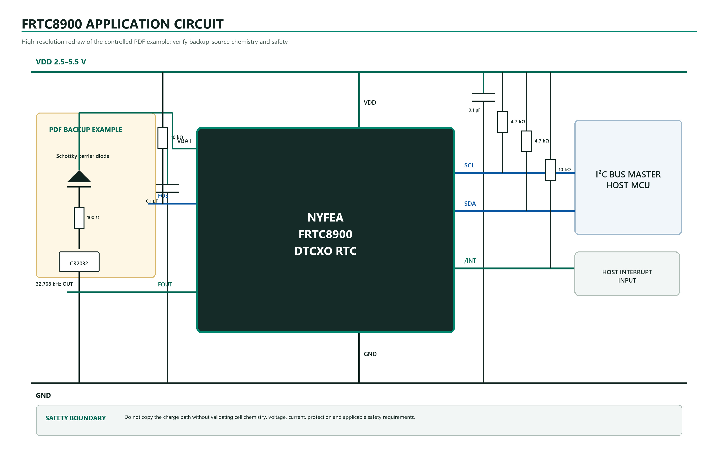 FRTC8900 typical application circuit with VDD, VBAT, I2C, interrupt and FOUT