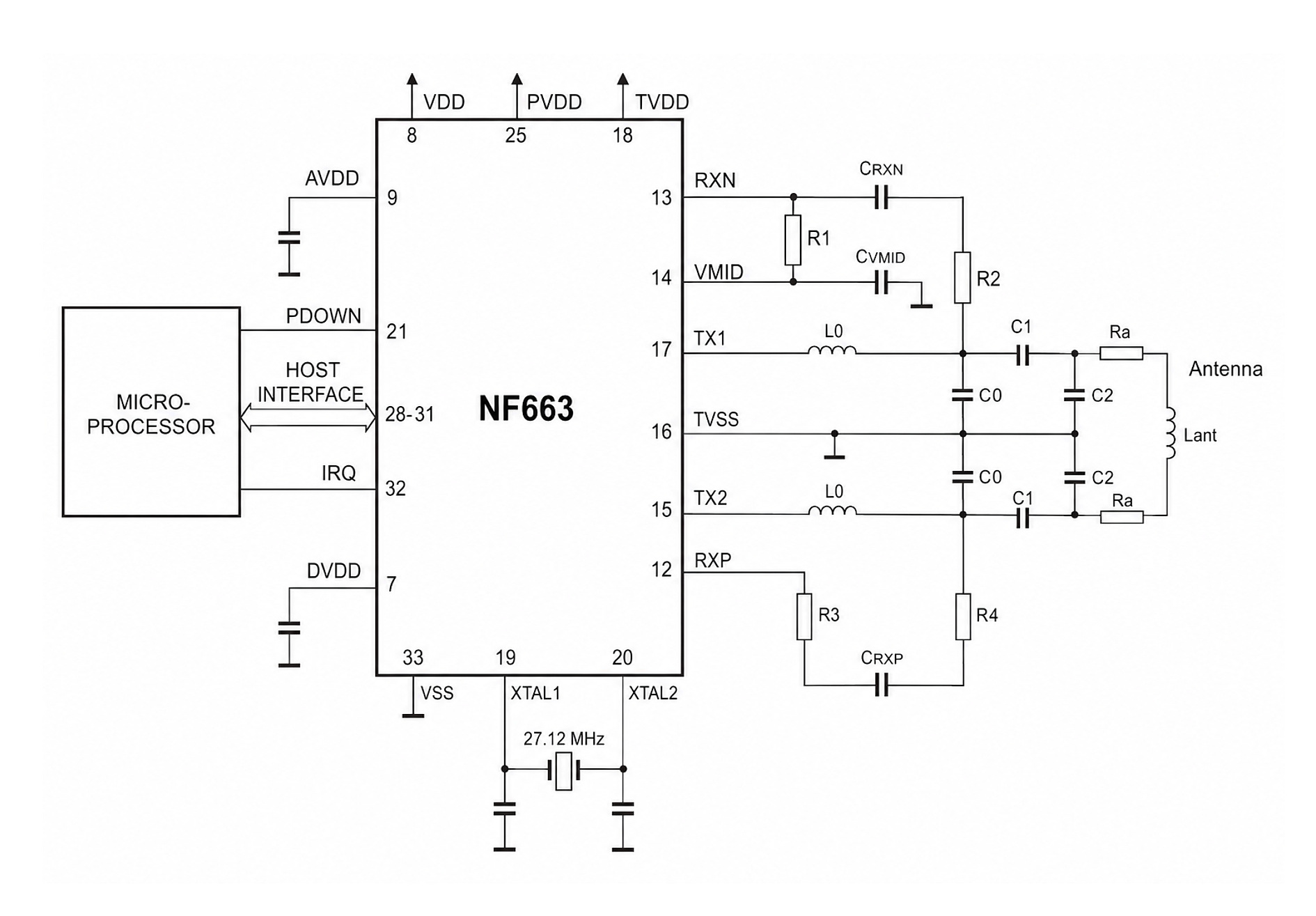 NF663 typical application circuit with MCU interface, 27.12 MHz crystal, balanced TX1 and TX2 outputs, RXP and RXN receiver, and antenna matching network