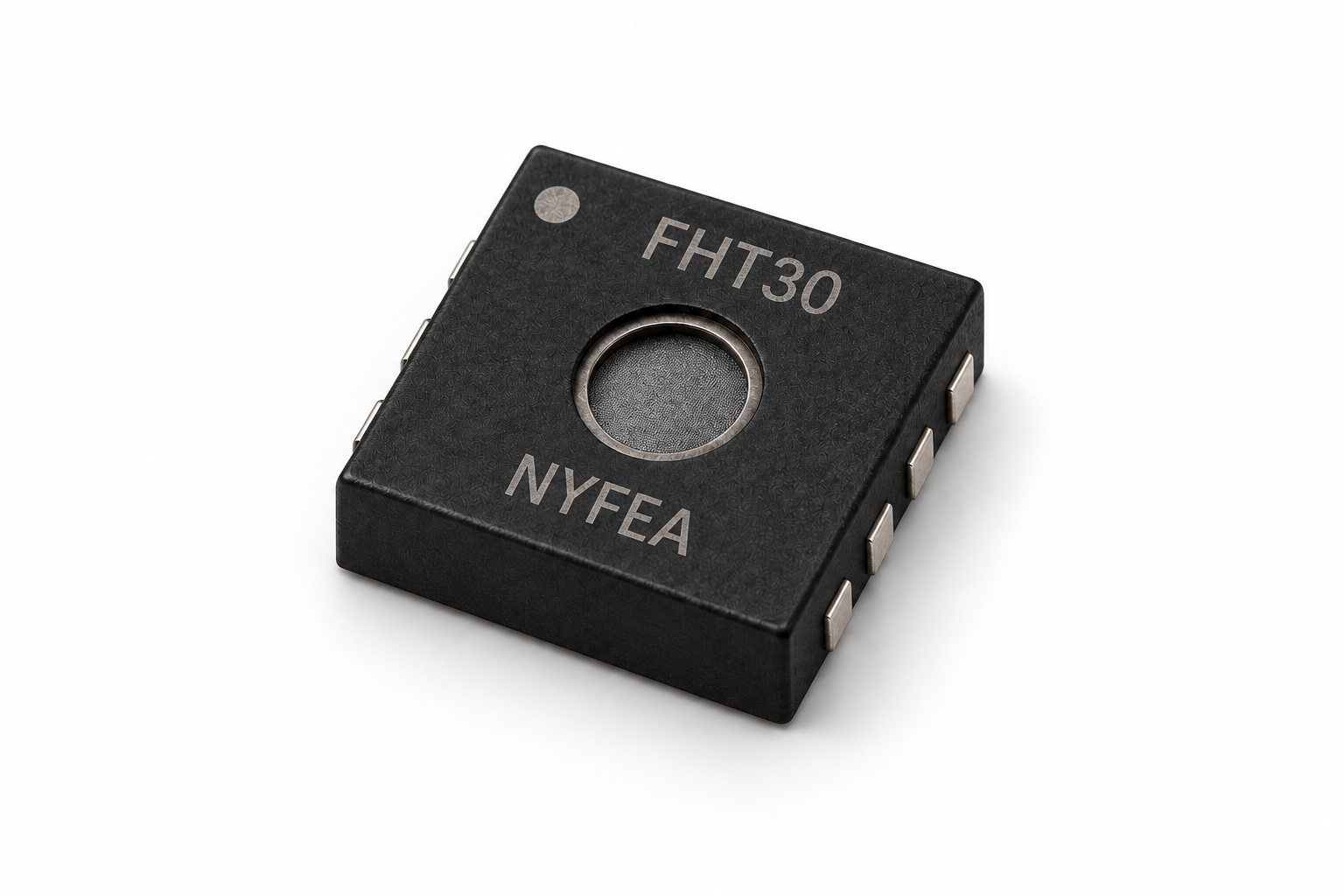 NYFEA FHT30 open-cavity DFN-8 digital temperature and humidity sensor at a 45-degree view