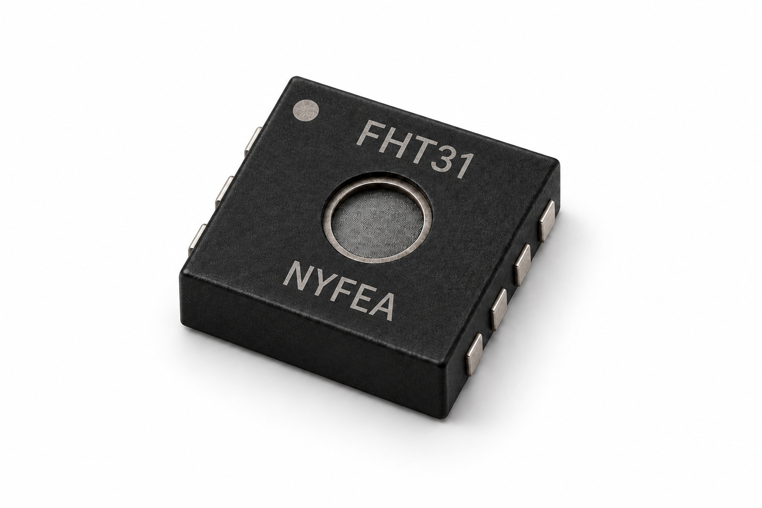 NYFEA FHT31 open-cavity DFN-8 digital temperature and humidity sensor at a 45-degree view
