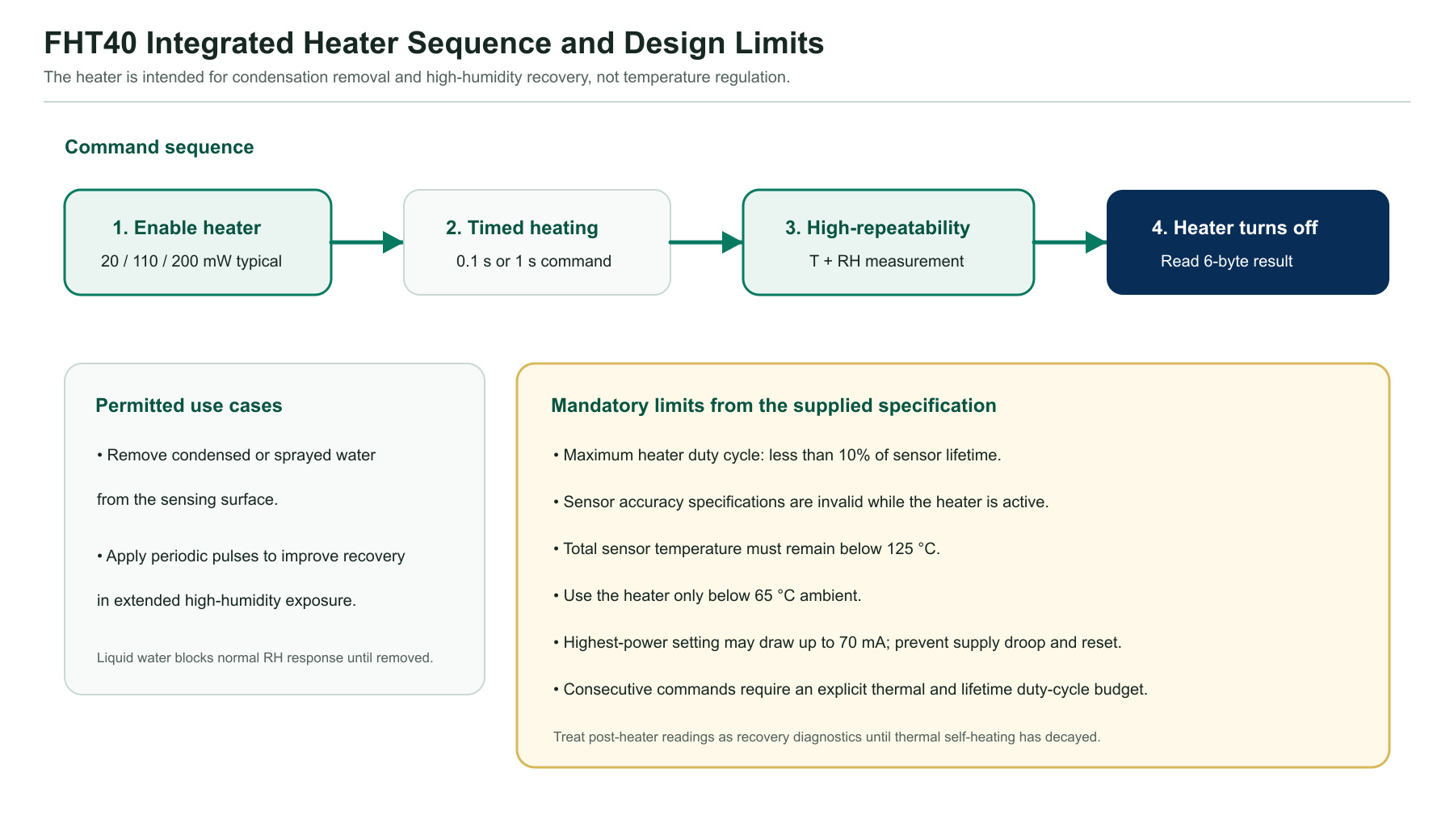 FHT40 heater command sequence, use cases and duty-cycle limits