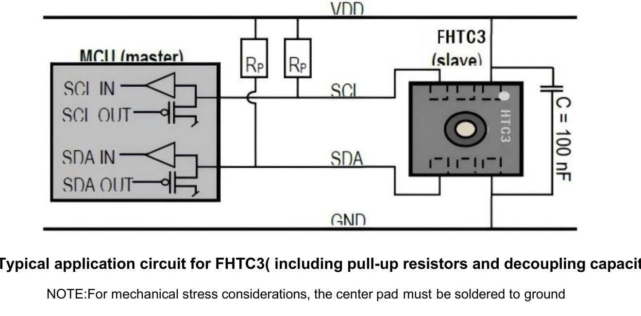 FHTC3 application circuit with I²C pullups and 100 nanofarad decoupling capacitor