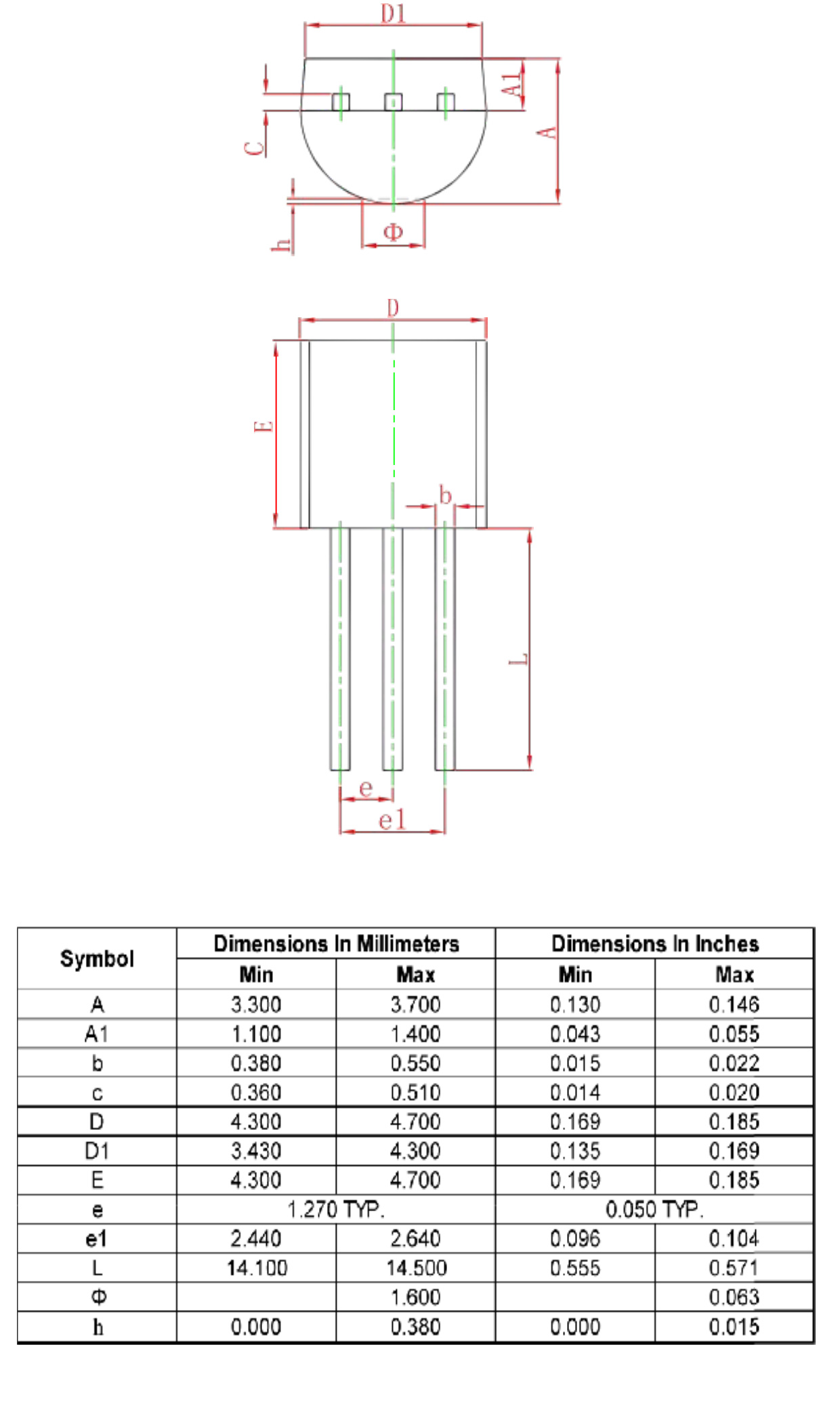 FT18B20 TO-92 package drawing and dimensions